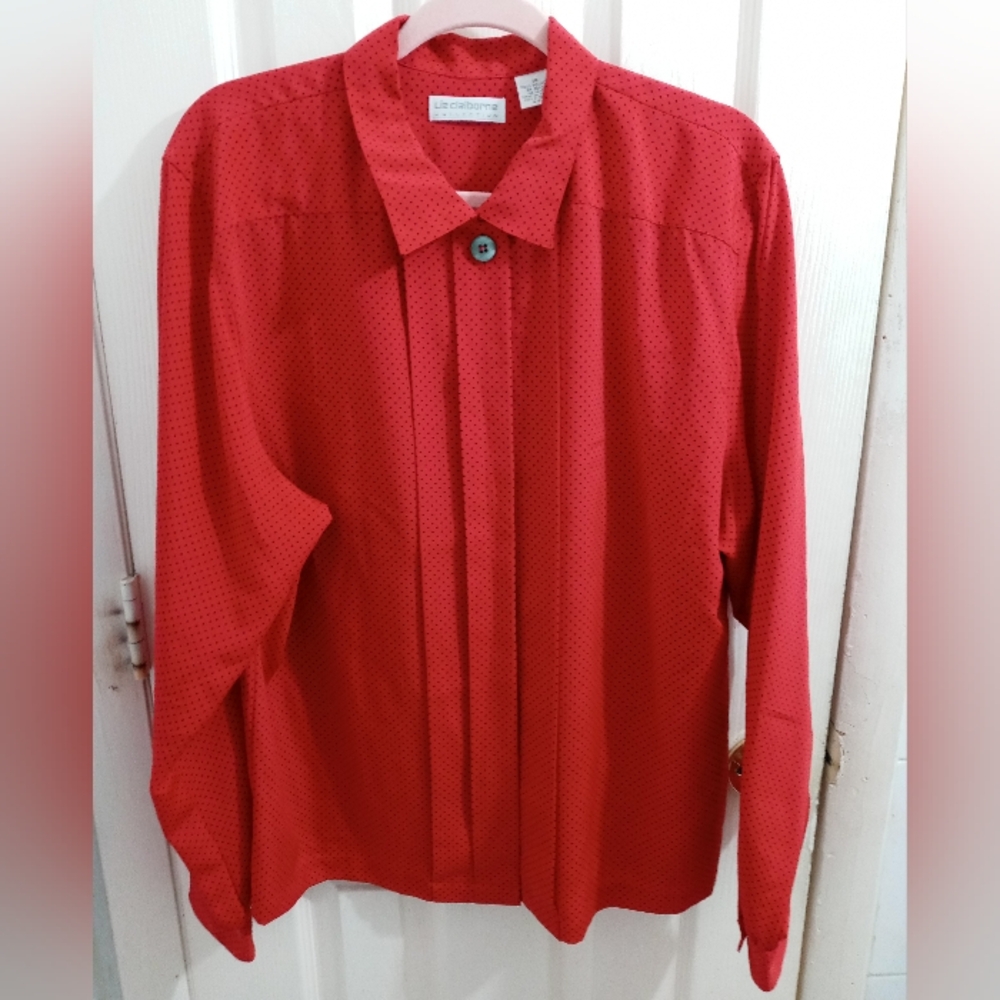 Liz Claiborne Collection Red Polka Dots Women Long Sleeve Button Top Size 14